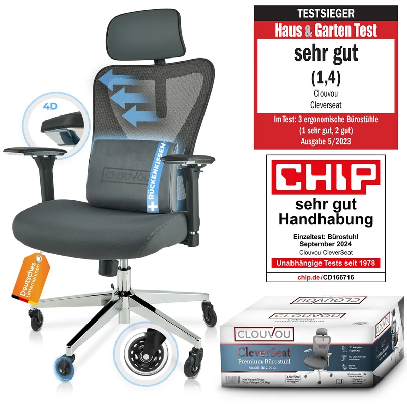 CLOUVOU BrightSeat Ergonomischer Bürostuhl Schwarz bis 150 kg – Schreibtischstuhl mit Kopfstütze, Lendenstütze & 2D Armlehnen