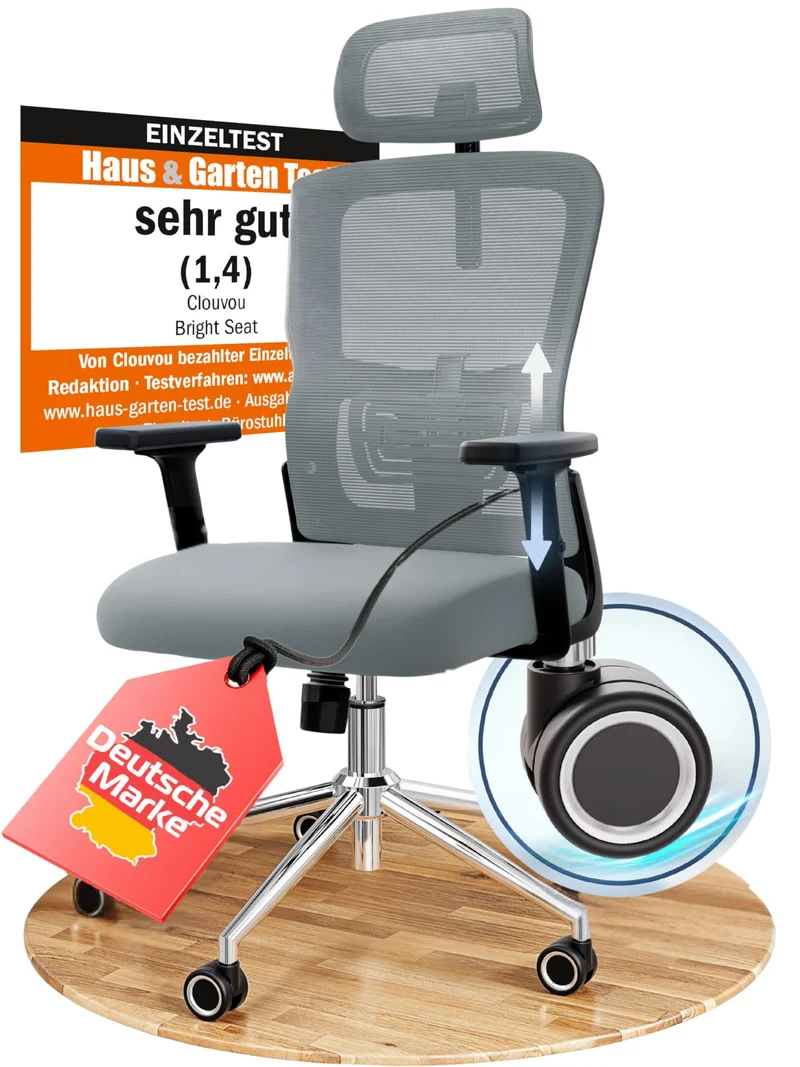 CLOUVOU BrightSeat Ergonomischer Bürostuhl Schwarz bis 150 kg – Schreibtischstuhl mit Kopfstütze, Lendenstütze & 2D Armlehnen
