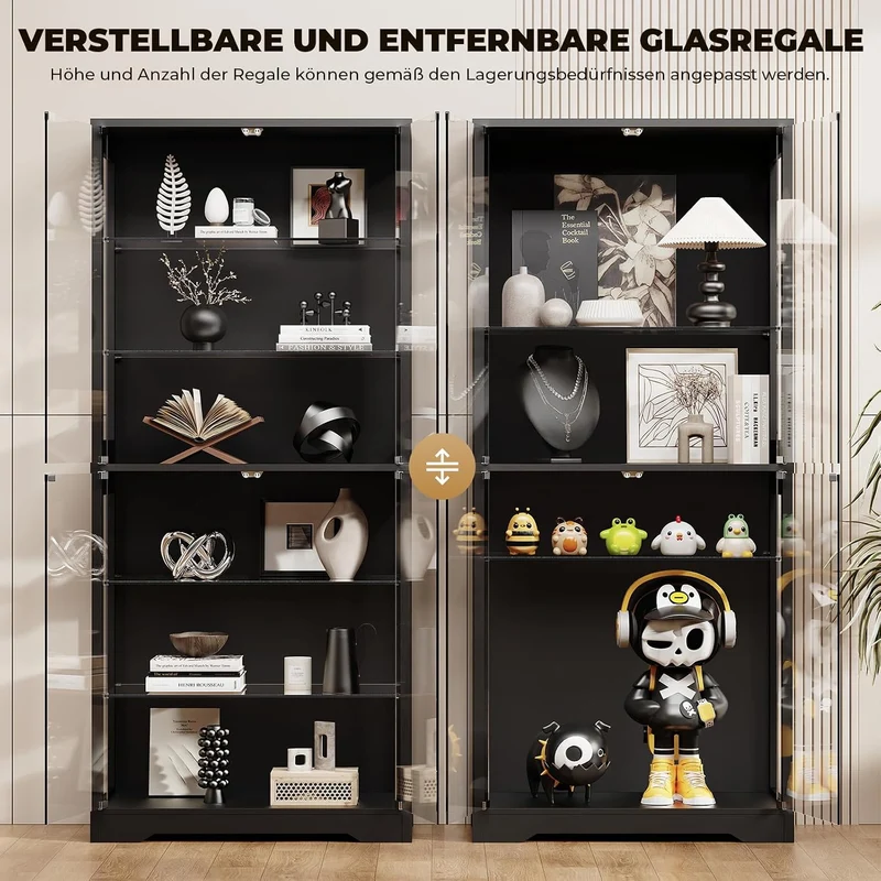 BROTTAR Vitrine mit Glastür, 6-stufige 180cm Vitrine mit 3 Farblichten für Sammlerstücke, Vitrine mit verstellbaren Glasträgern, Körperkensorsensor, Aufbewahrungsschränke, Schwarz