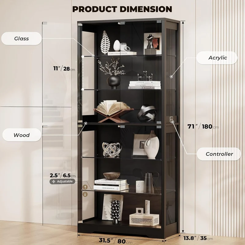 BROTTAR Vitrine mit Glastür, 6-stufige 180cm Vitrine mit 3 Farblichten für Sammlerstücke, Vitrine mit verstellbaren Glasträgern, Körperkensorsensor, Aufbewahrungsschränke, Schwarz