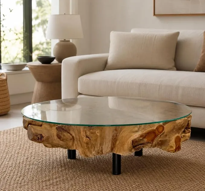 Bressmer NAGA Couchtisch Teakholz Wurzelholz Rund Ø100 cm – Massiver Wohnzimmertisch mit Sicherheitsglasplatte & Stahlfüßen