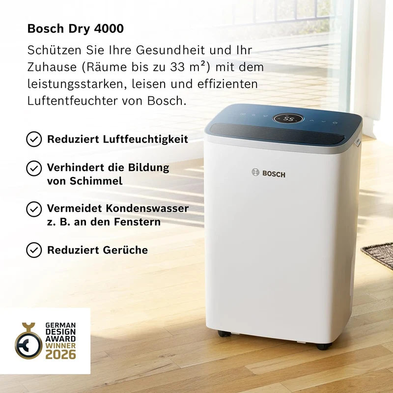 Bosch Dry 4000, Luftentfeuchter, Für Räume bis zu 33 m²