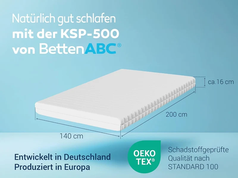 BettenABC KSP-500 Matratze 140x200 cm H3 – 7-Zonen Kaltschaummatratze 16 cm, hypoallergen & antibakteriell, OEKO-TEX, waschbarer Bezug