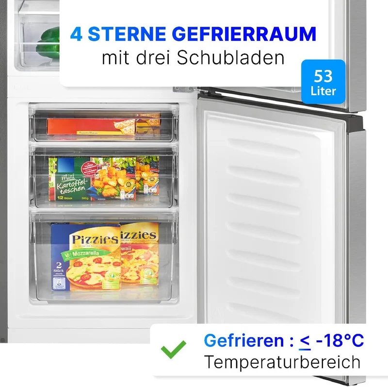 Bomann® Kühlschrank mit Gefrierfach | Energieklasse E | 143cm | Kühl Gefrierkombination leise 39 dB | 3 Ablagen & 3 Schubladen | Türanschlag wechselbar | 175L Kühlgefrierkombi | KG 320.2 inox