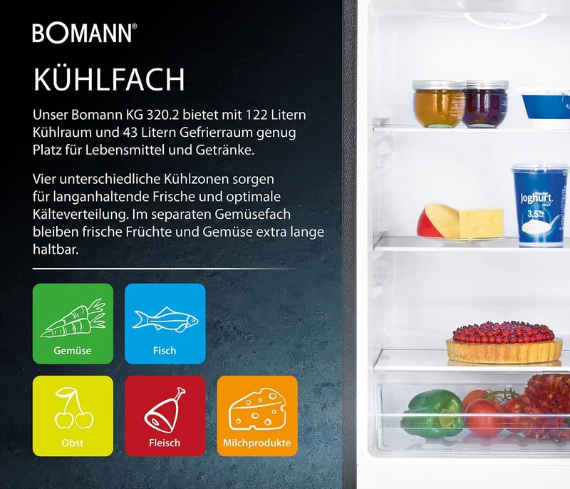 Bomann® Kühlschrank mit Gefrierfach | Energieklasse E | 143cm | Kühl Gefrierkombination leise 39 dB | 3 Ablagen & 3 Schubladen | Türanschlag wechselbar | 175L Kühlgefrierkombi | KG 320.2 inox
