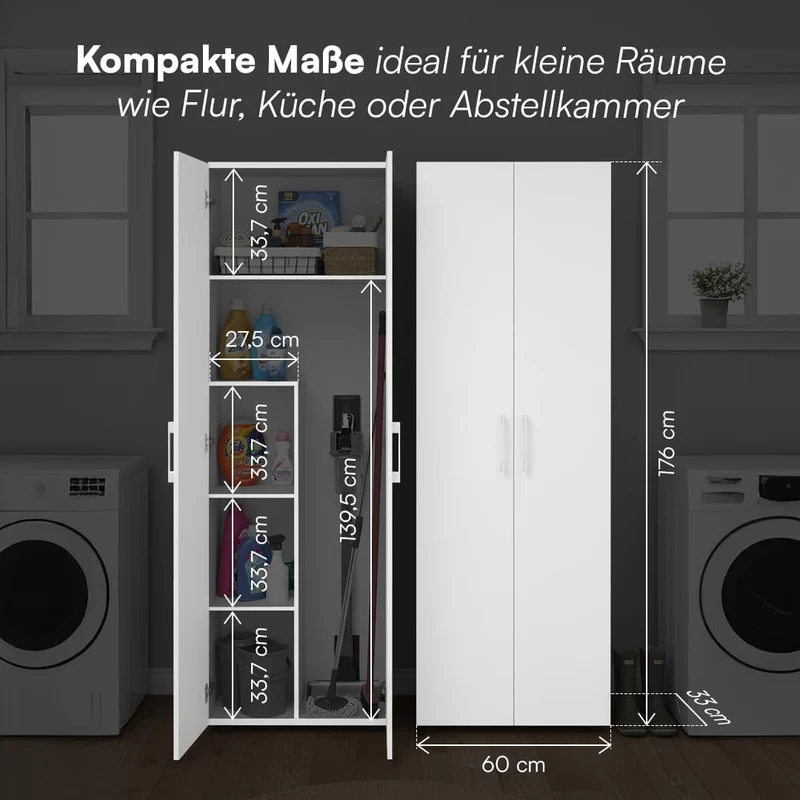 Bellamio Apol Besenschrank 60 cm breit, Weiß, Staubsaugerfach, Stauraum