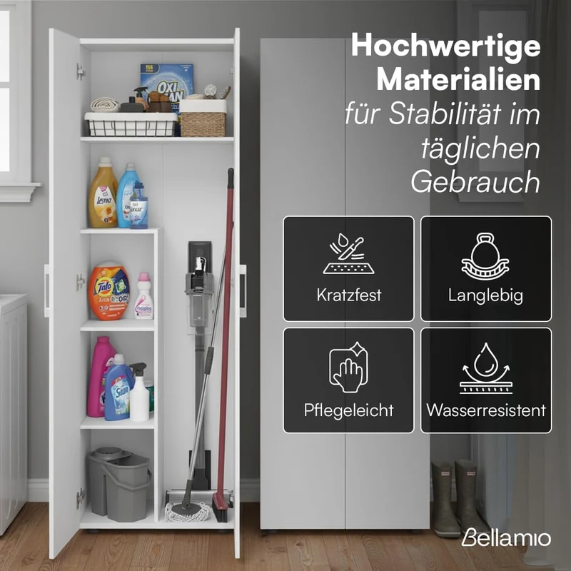 Bellamio Apol Besenschrank 60 cm breit, Weiß, Staubsaugerfach, Stauraum