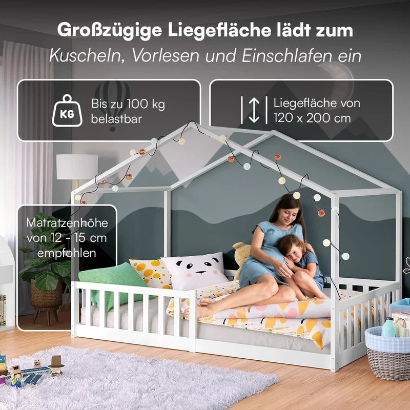 Bellabino Bia Kinderbett 120x200 cm, Bodenbett, Weiß, mit Rausfallschutz