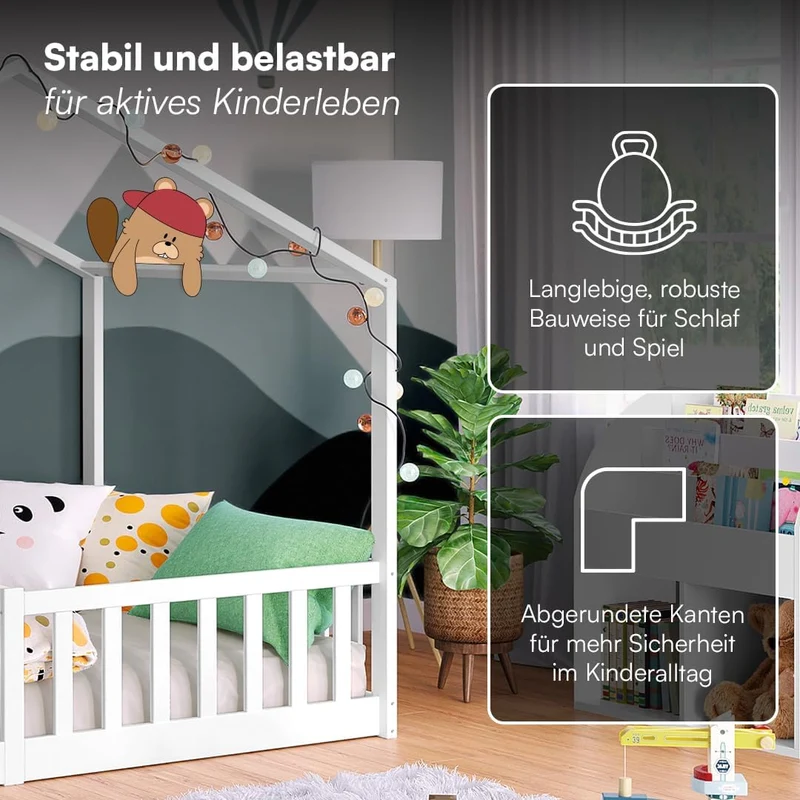 Bellabino Bia Kinderbett 120x200 cm, Bodenbett, Weiß, mit Rausfallschutz