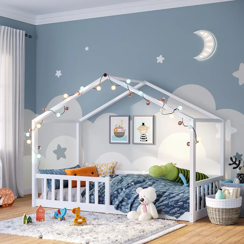 Bellabino Bia Kinderbett 120x200 cm, Bodenbett, Weiß, mit Rausfallschutz