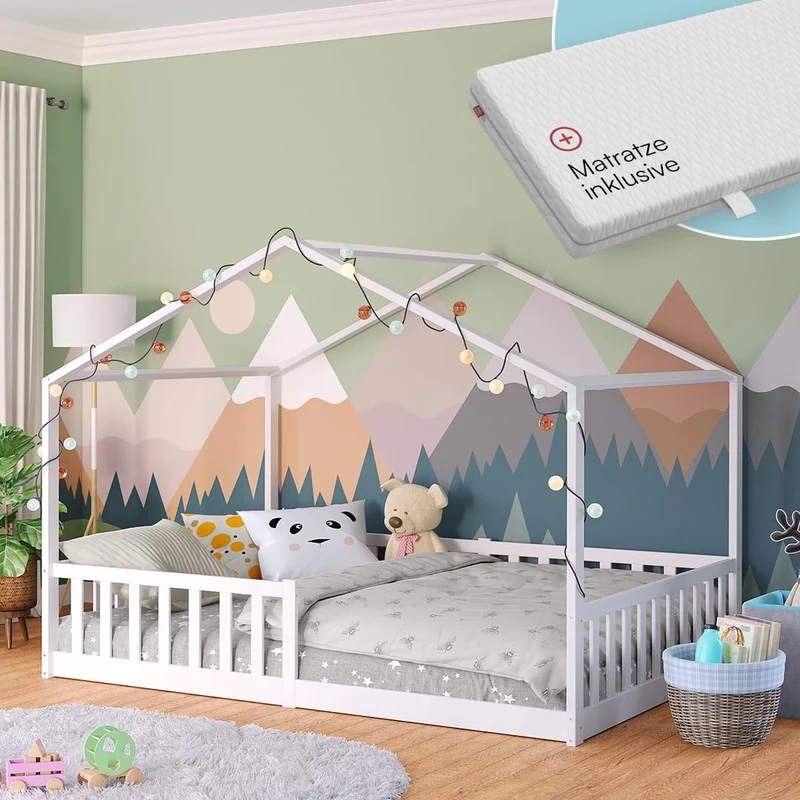 Bellabino Bia Kinderbett 120x200 cm, Bodenbett, Weiß, mit Rausfallschutz