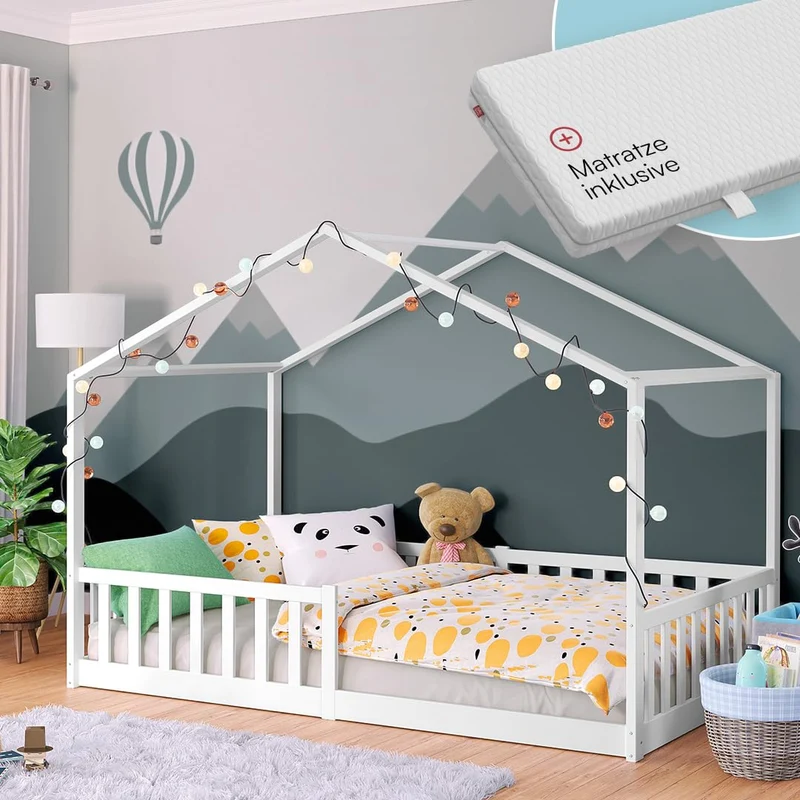 Bellabino Bia Kinderbett 120x200 cm, Bodenbett, Weiß, mit Rausfallschutz