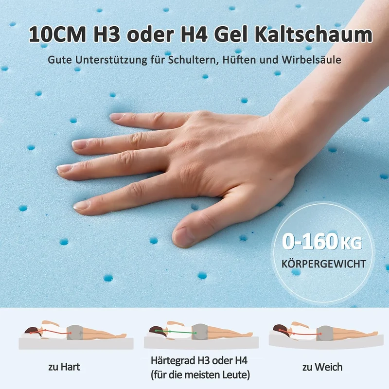 BedStory Gel Topper 180x200cm H3/H4 aus 10cm Höhe Kaltschaumkern