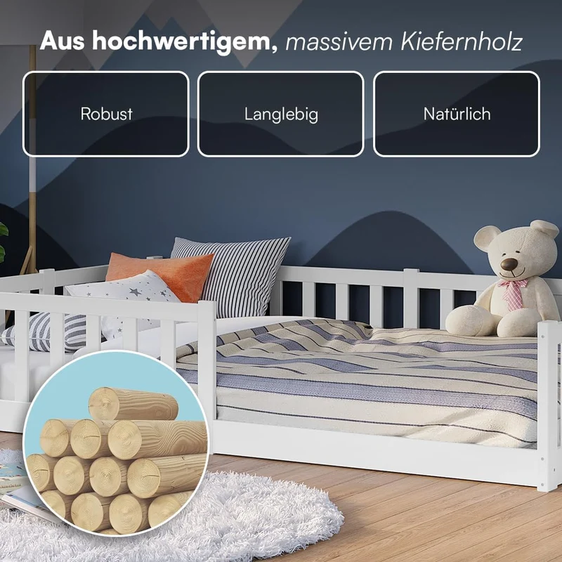 Bellabino Vere Bodenbett 120x200 cm, Massivholz Kiefer, Kleinkindbett, Weiß