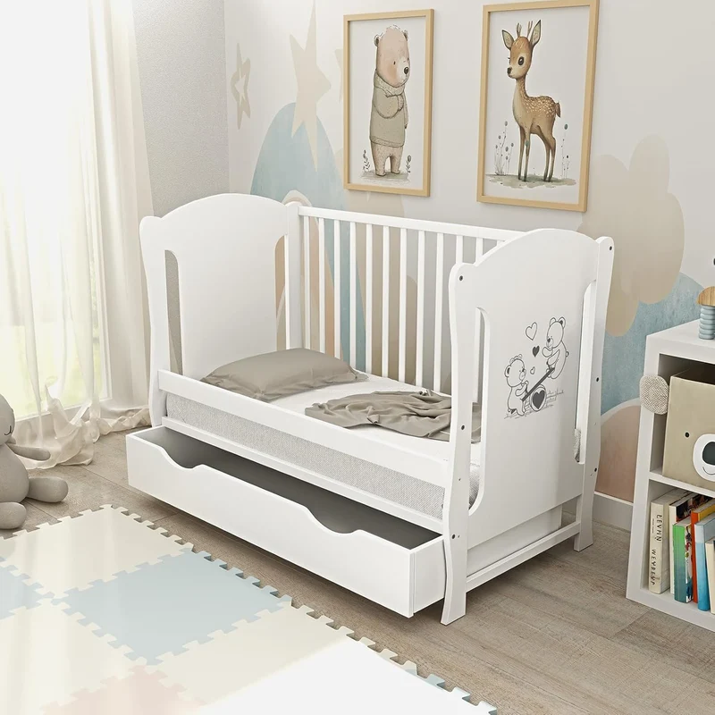 Baby Delux Babybett 120x60 cm Weiß mit Matratze & Schublade, umbaubar zum Juniorbett, Kiefernholz
