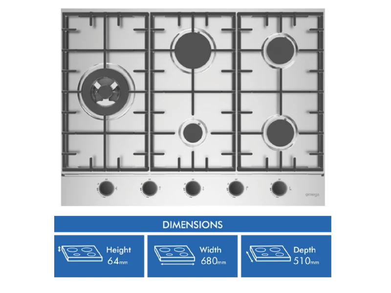 Omega 70cm Gas Cooktop, Stainless Steel
