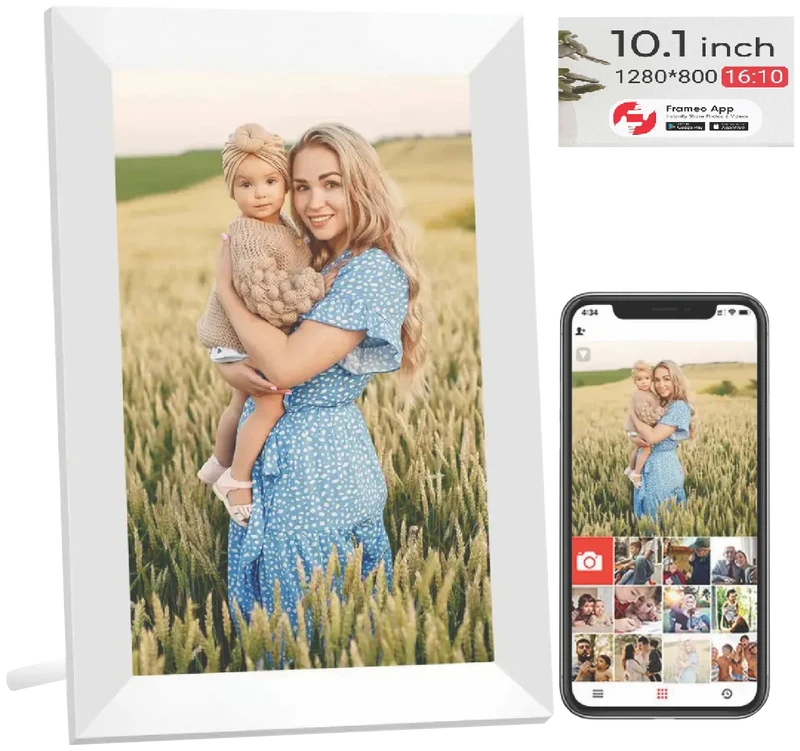 Qpix 10.1" Digital Photo White Frame WiFi IPS Touch Screen 32GB Frameo