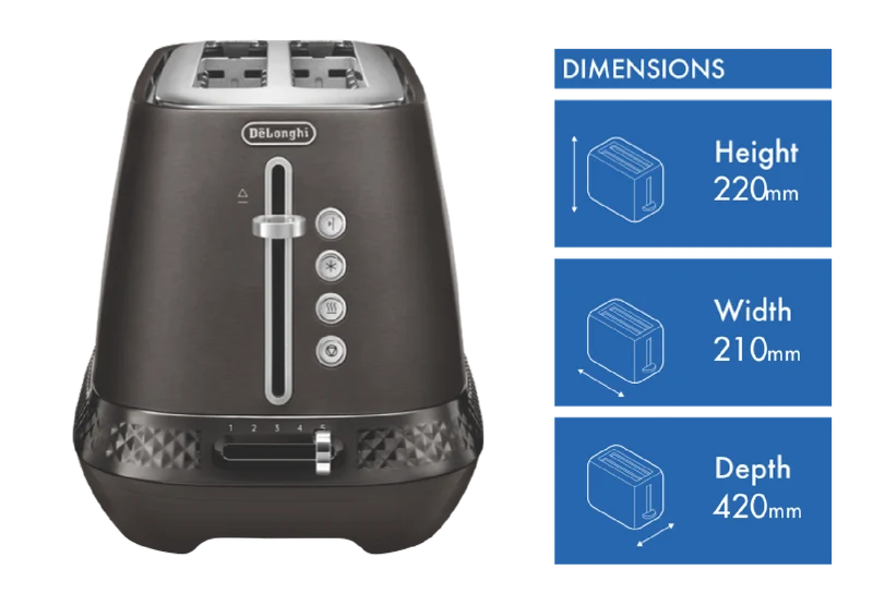 DeLonghi Diadema 2 Slice Long Slot Toaster Brushed Grey