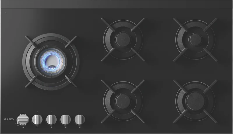 ASKO 90cm 5 Burner Gas on Glass Volcano Cooktop - Black