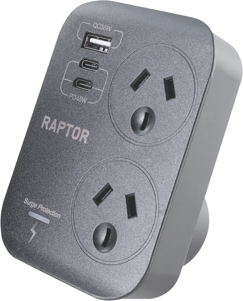 Jackson Surge Protected Double Adaptor w/ 1 x USB-A, 2 x USB-C PD45W