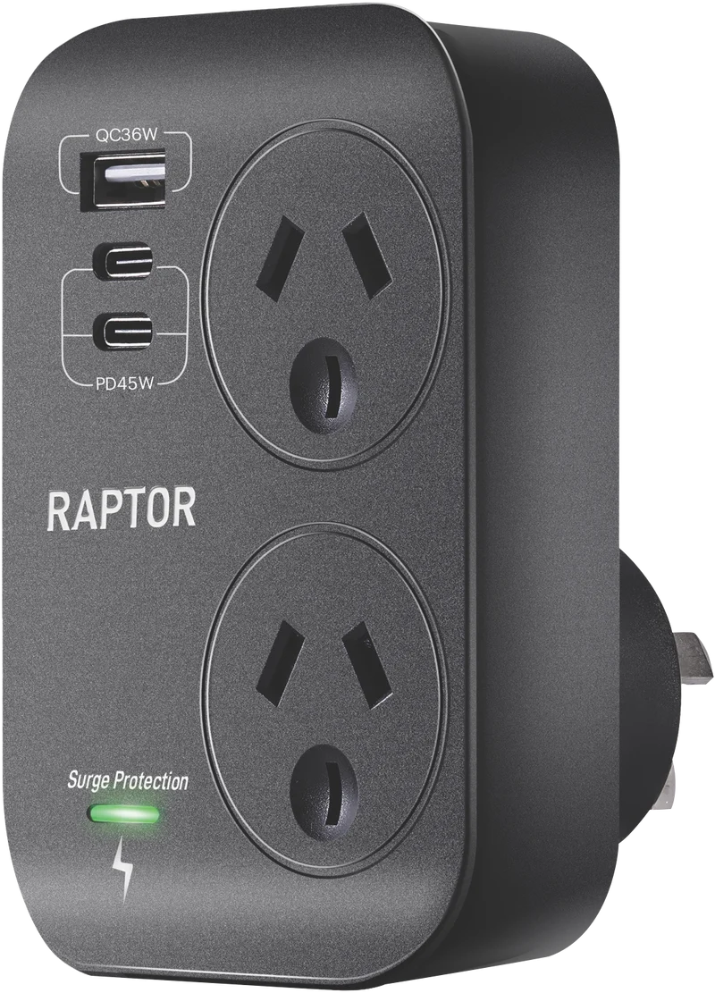Jackson Surge Protected Double Adaptor w/ 1 x USB-A, 2 x USB-C PD45W