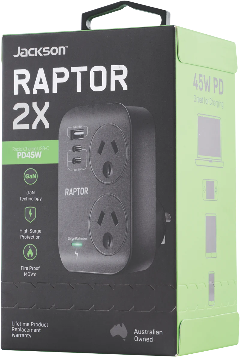 Jackson Surge Protected Double Adaptor w/ 1 x USB-A, 2 x USB-C PD45W