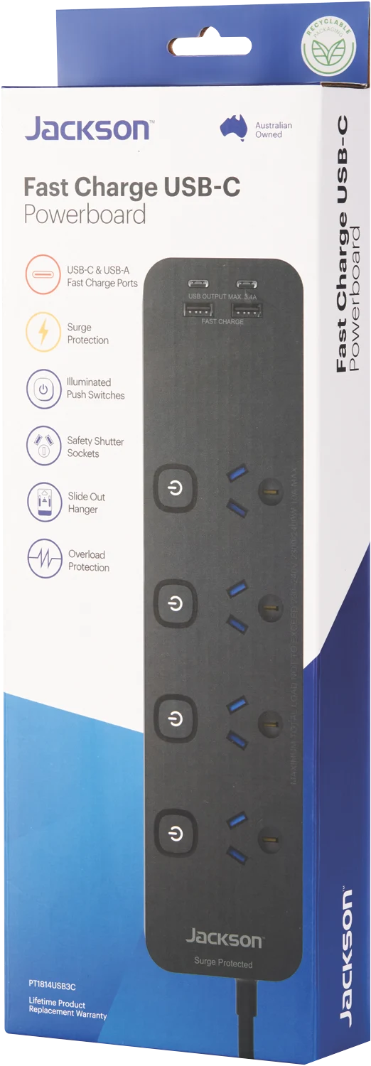 Jackson 4 Way Fast Charge USB-C/A Surge Protected Powerboard