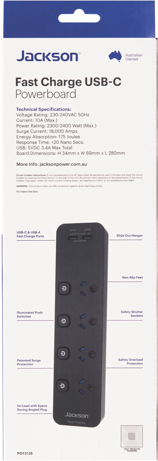 Jackson 4 Way Fast Charge USB-C/A Surge Protected Powerboard