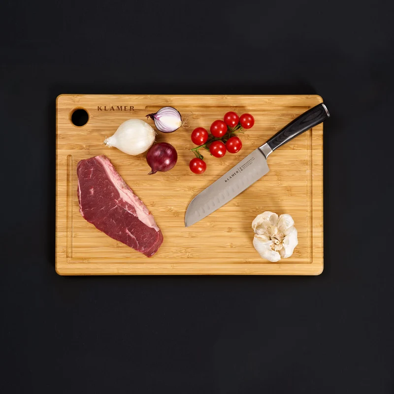 Santoku Damastmesser & Schneidebrett Set