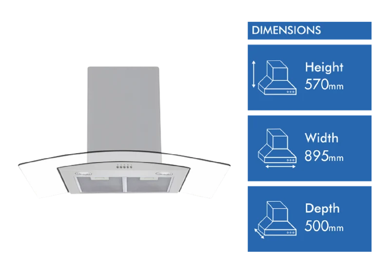 Solt 90cm Curved Glass Canopy Rangehood, Stainless Steel
