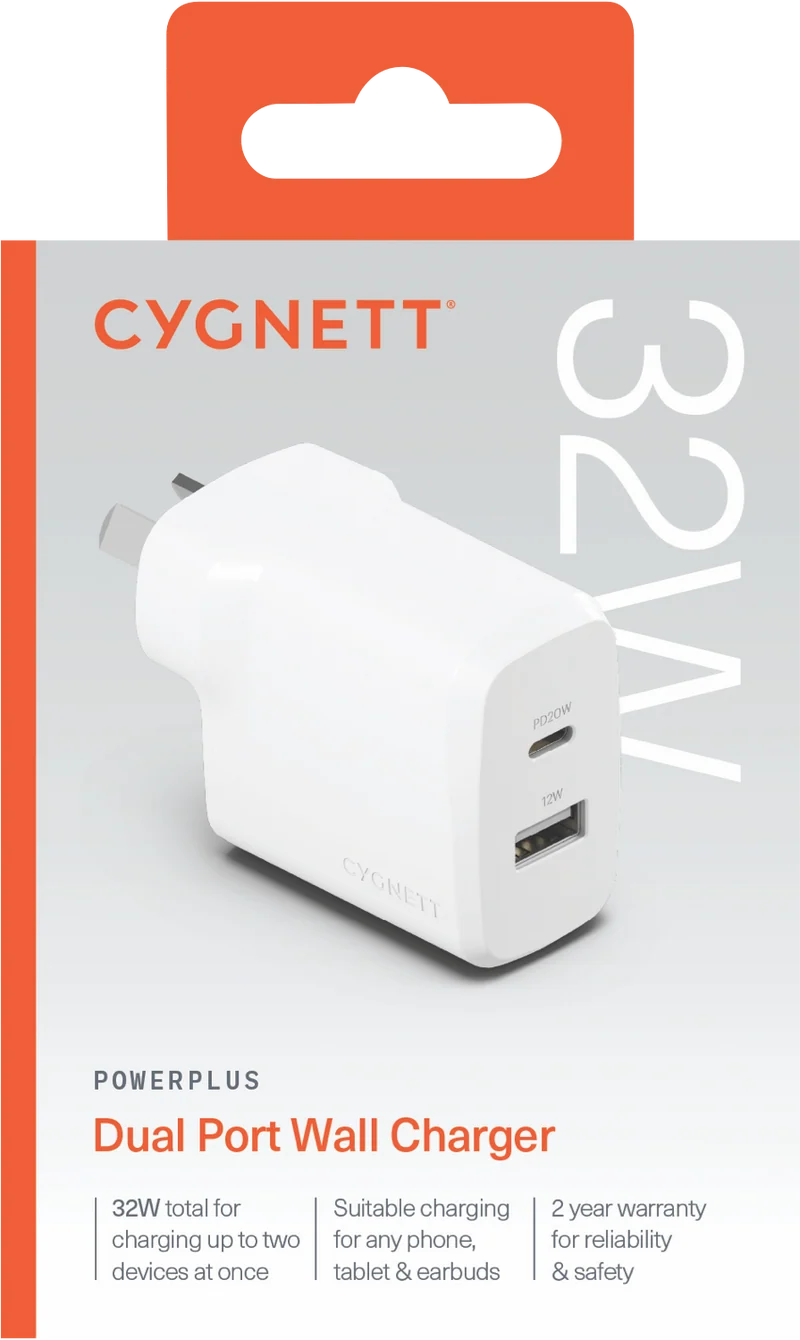 Cygnett Powerplus 32W PD Dual Port Wall Charger - White
