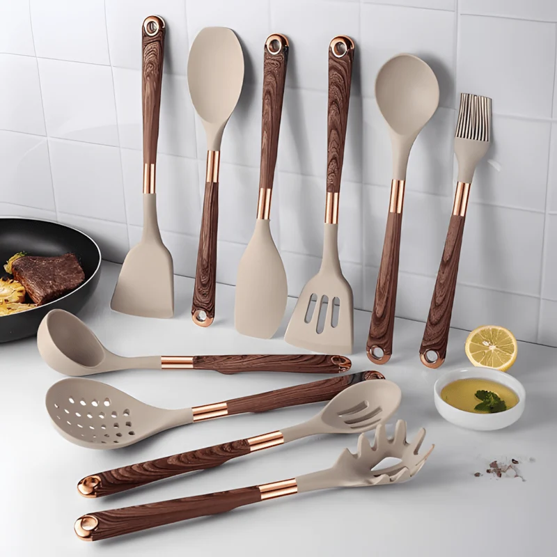 CookEase Silikon Küchenutensilien-Set – 10 Teile mit Holzgriffen