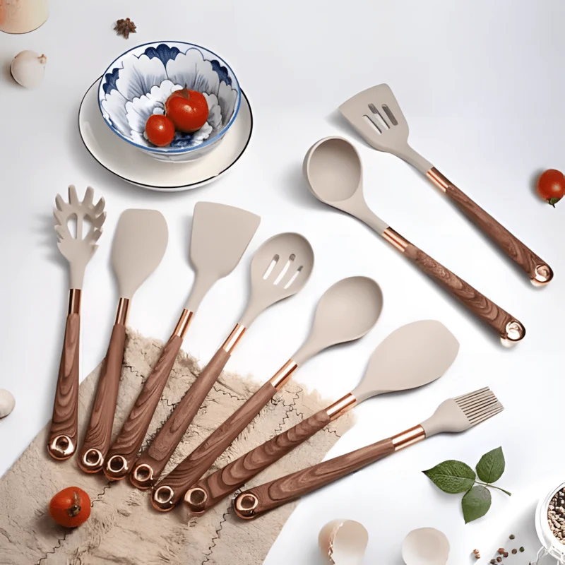 CookEase Silikon Küchenutensilien-Set – 10 Teile mit Holzgriffen