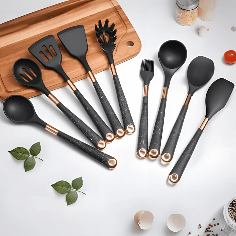CookEase Silikon Küchenutensilien-Set – 10 Teile mit Holzgriffen