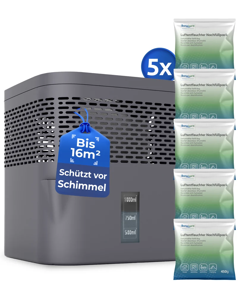 AirOne Lite Bundle aus Luftentfeuchter ohne Strom und 5 x Granulat 450g