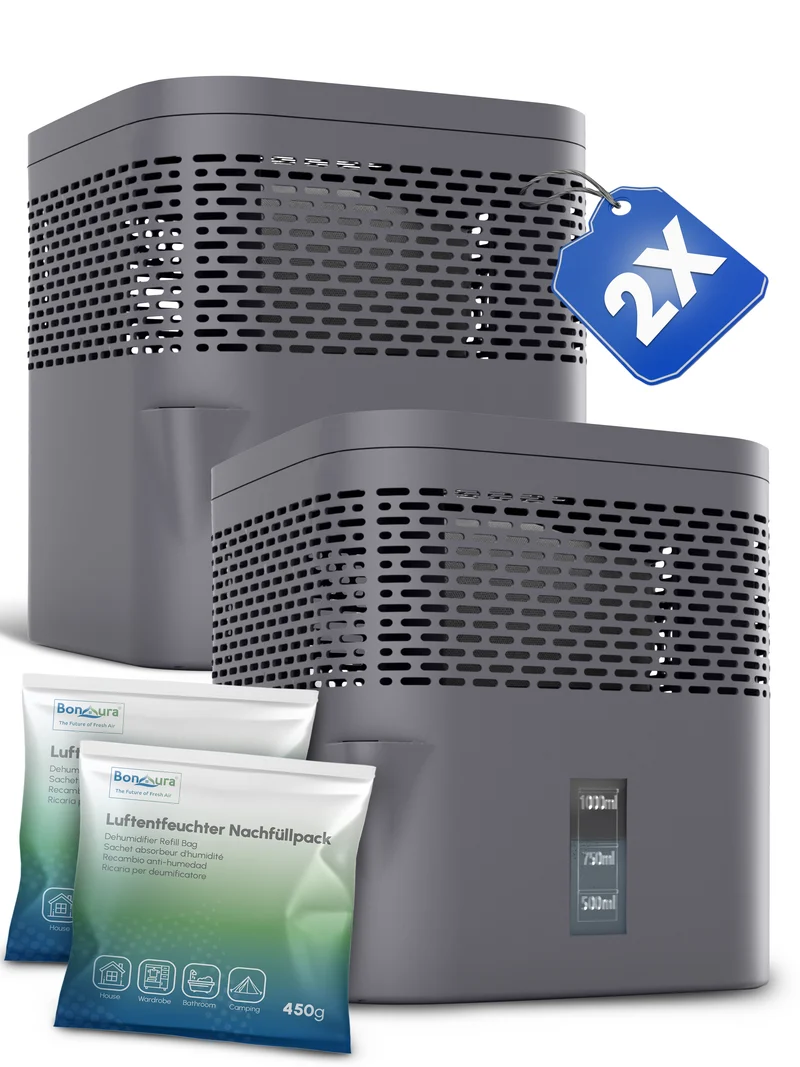 2er Set AirOne Lite Luftentfeuchter ohne Strom mit 2x 450g Luftentfeuchter Granulat