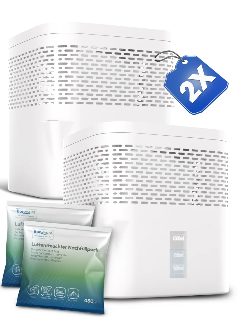 2er Set AirOne Lite Luftentfeuchter ohne Strom mit 2x 450g Luftentfeuchter Granulat