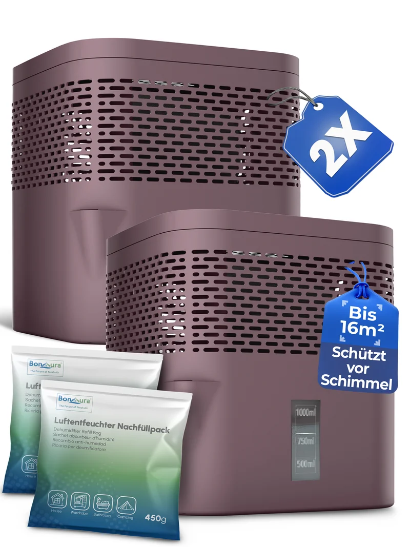 2er Set AirOne Lite Luftentfeuchter ohne Strom mit 2x 450g Luftentfeuchter Granulat