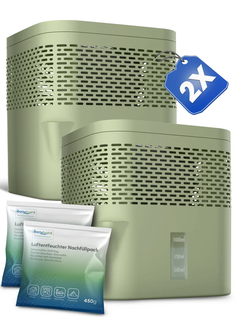 2er Set AirOne Lite Luftentfeuchter ohne Strom mit 2x 450g Luftentfeuchter Granulat