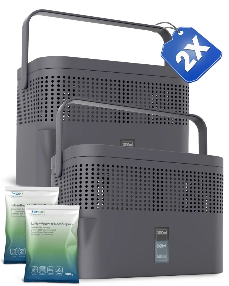 2er Set AirOne Max Luftentfeuchter ohne Strom mit 2x 980g Luftentfeuchter Granulat