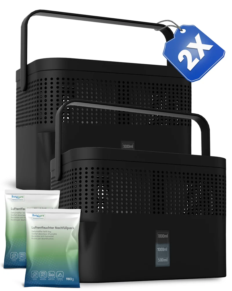 2er Set AirOne Max Luftentfeuchter ohne Strom mit 2x 980g Luftentfeuchter Granulat