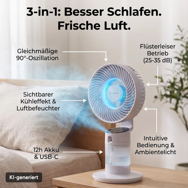 Dia 3-in-1 Akku-Tischventilator, Lüftkühler mit Ambientelicht