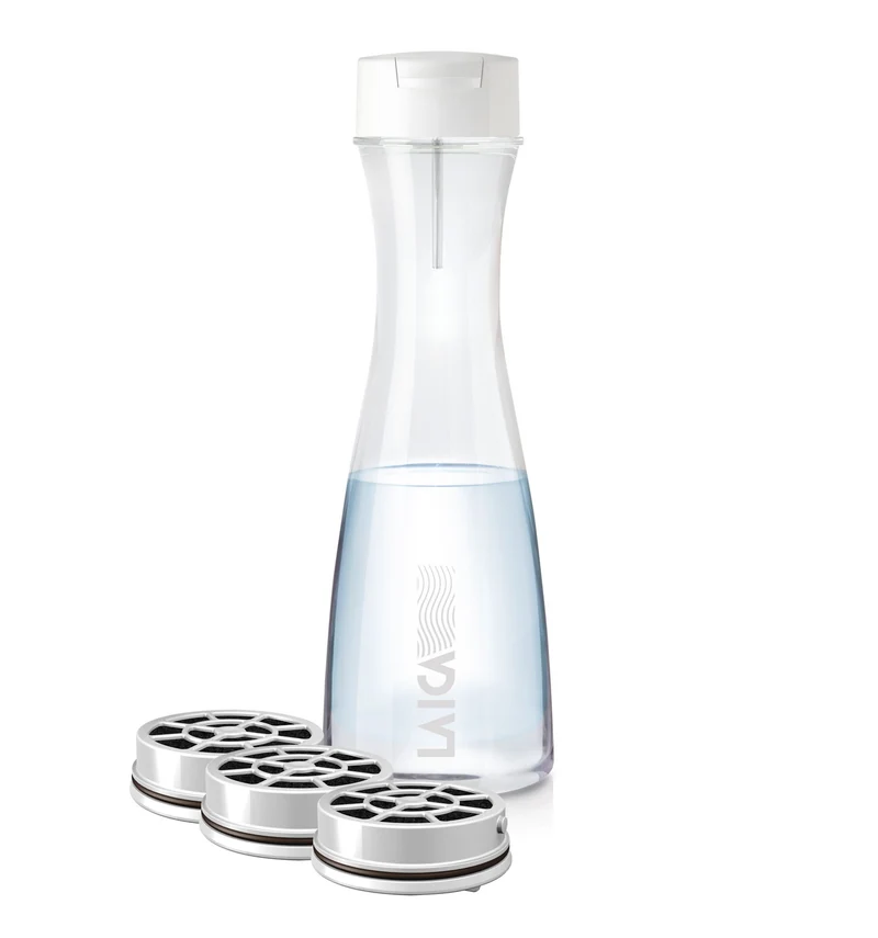 Glass water bottle Laica flow'n go GlaSSmart with 3 x fast disk water filter - filter while you pour