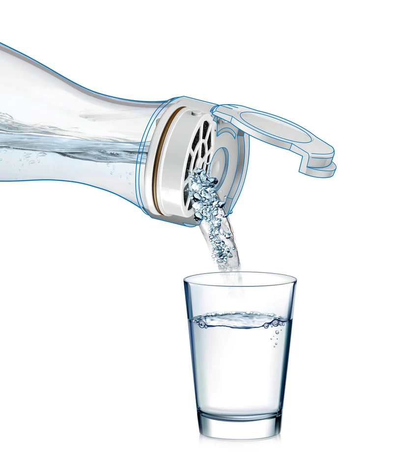 Glass water bottle Laica flow'n go GlaSSmart with 3 x fast disk water filter - filter while you pour
