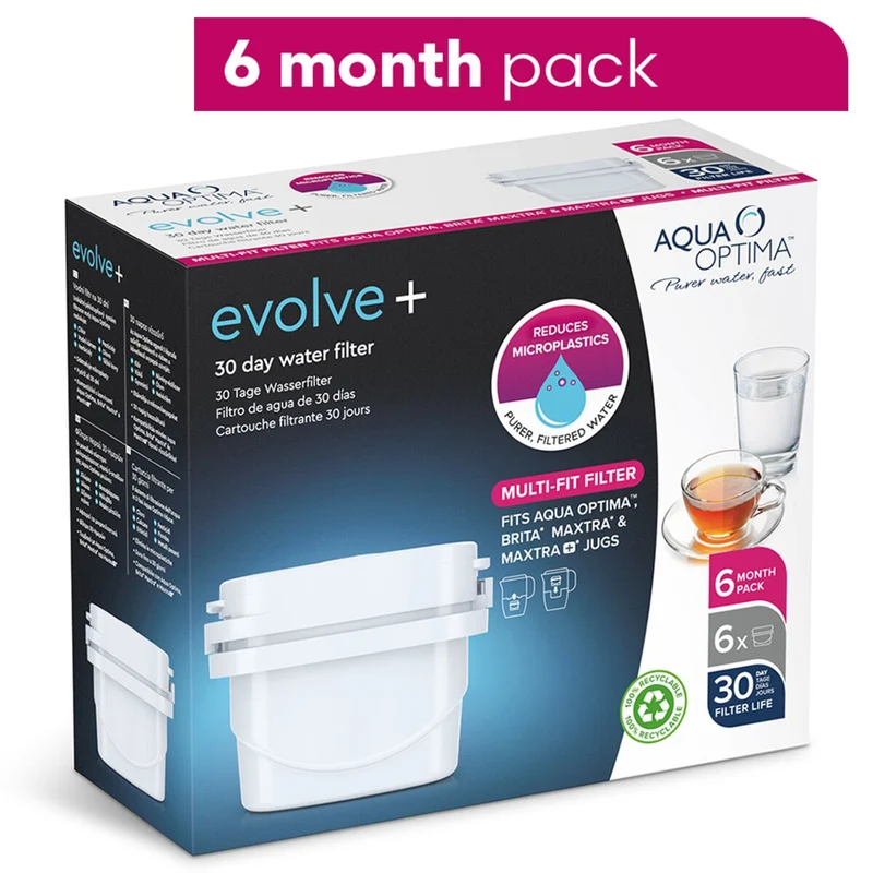 Aqua Optima Evolve+ single life water filter 6pack | 6 x 100 liter | Replacement filter Aqua Optima, Brita® Maxtra®, Maxtra+®