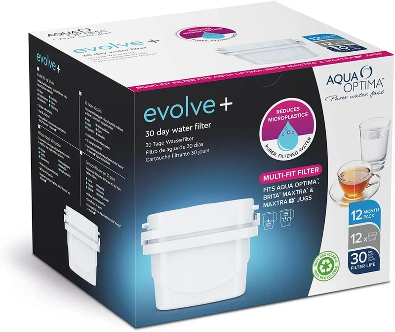 Aqua Optima Evolve+ single life water filter 12pack | 12 x 100 liter | Replacement filter Aqua Optima, Brita® Maxtra®, Maxtra+®