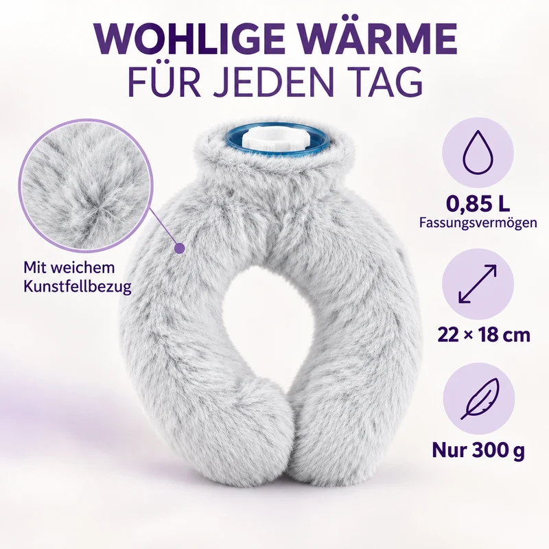 Nacken-Wärmflasche mit weichem Kunstfellbezug, 0,85 L, 22 x 18 cm, Kaffeebraun