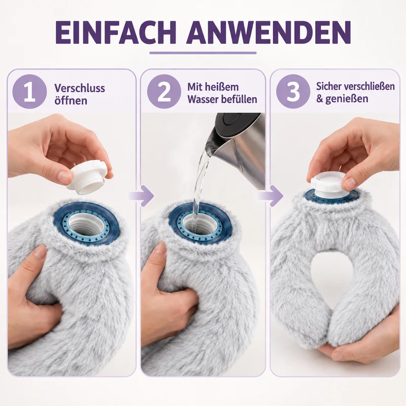Nacken-Wärmflasche mit weichem Kunstfellbezug, 0,85 L, 22 x 18 cm, Kaffeebraun