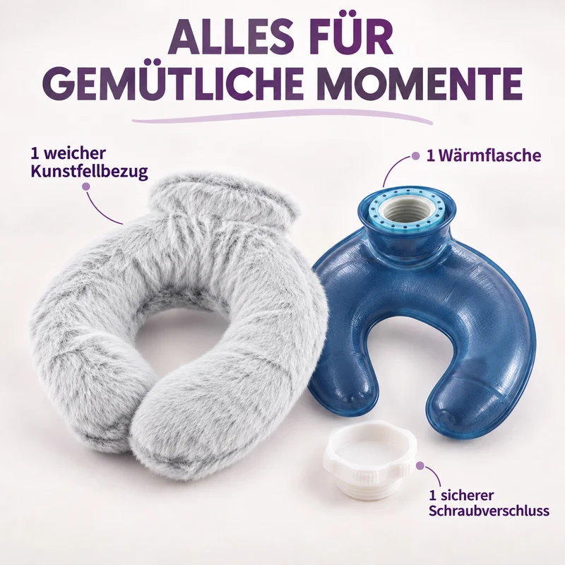 Nacken-Wärmflasche mit weichem Kunstfellbezug, 0,85 L, 22 x 18 cm, Kaffeebraun