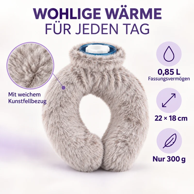 Nacken-Wärmflasche mit weichem Kunstfellbezug, 0,85 L, 22 x 18 cm, Kaffeebraun
